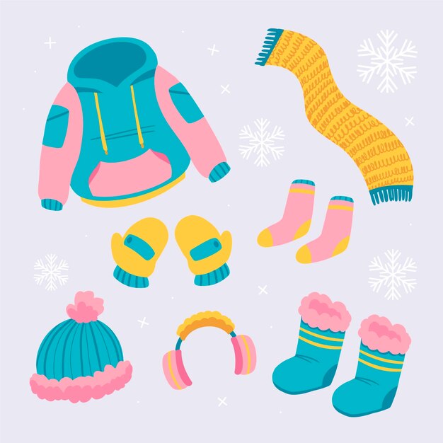 Lo esencial y ropa de invierno dibujada a mano.