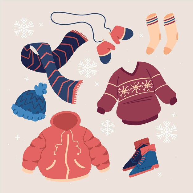Lo esencial y ropa de invierno dibujada a mano.