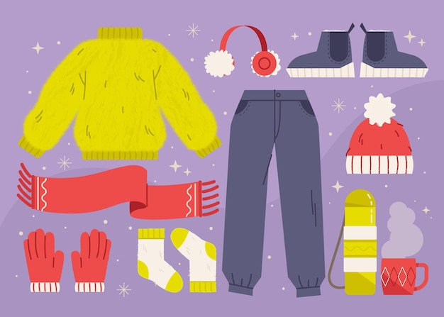 Lo esencial y ropa de invierno dibujada a mano.