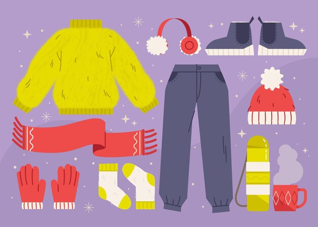 Lo esencial y ropa de invierno dibujada a mano.