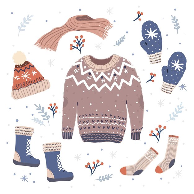 Lo esencial y ropa de invierno dibujada a mano.