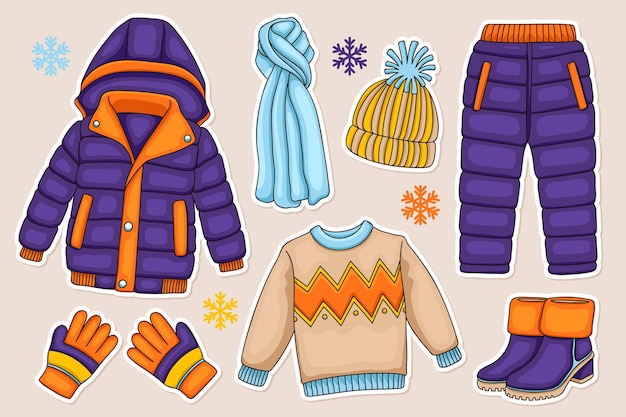 Lo esencial y ropa de invierno dibujada a mano.