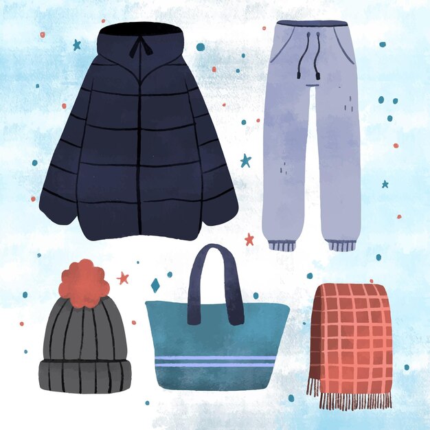 Lo esencial y ropa de invierno dibujada a mano.