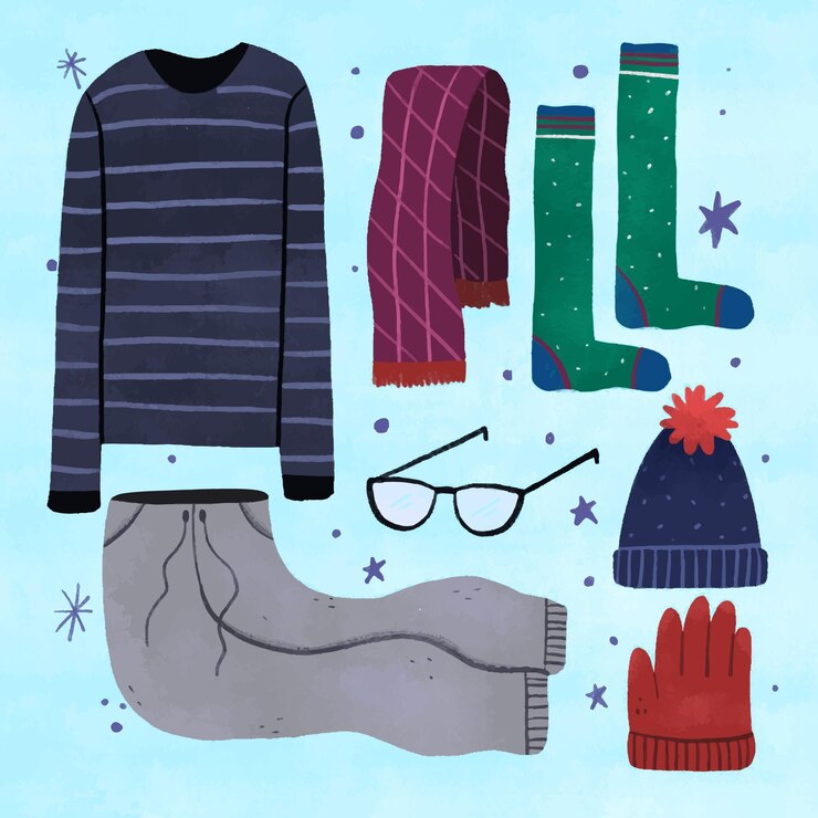 Vector gratuito lo esencial y ropa de invierno dibujada a mano.