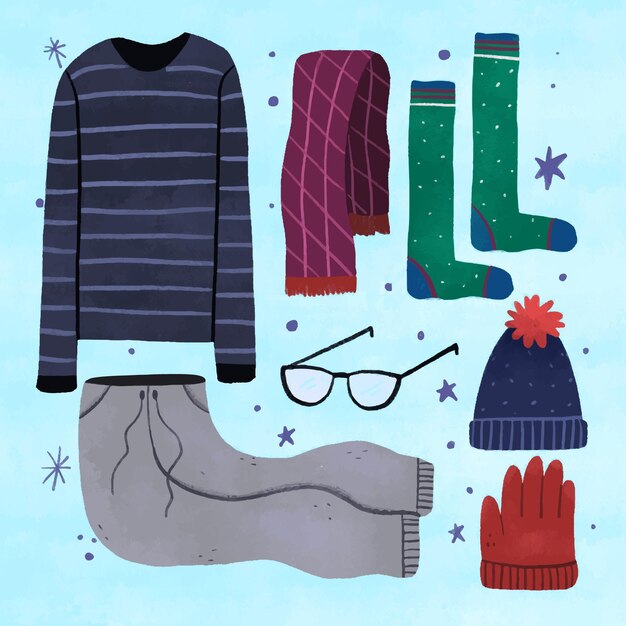 Lo esencial y ropa de invierno dibujada a mano.