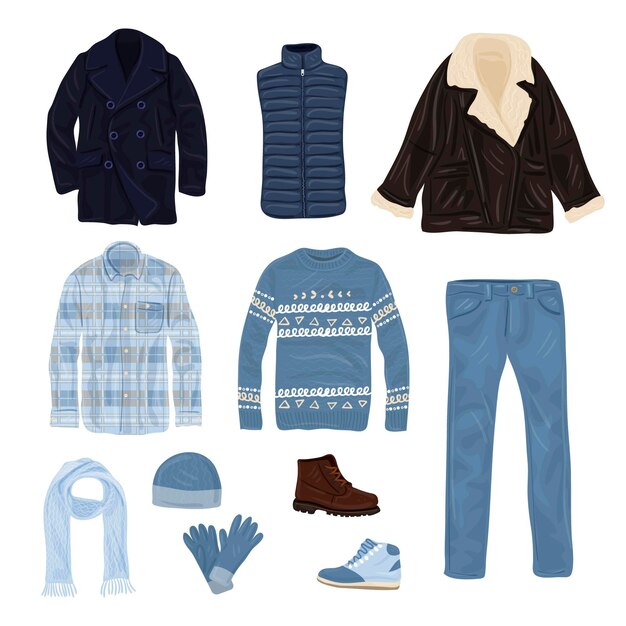 Lo esencial y ropa de invierno dibujada a mano.