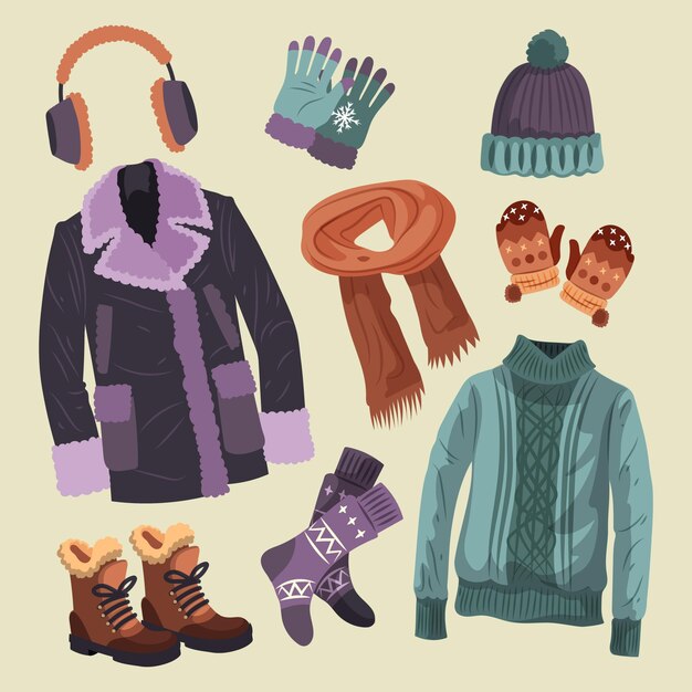 Lo esencial y ropa de invierno dibujada a mano.