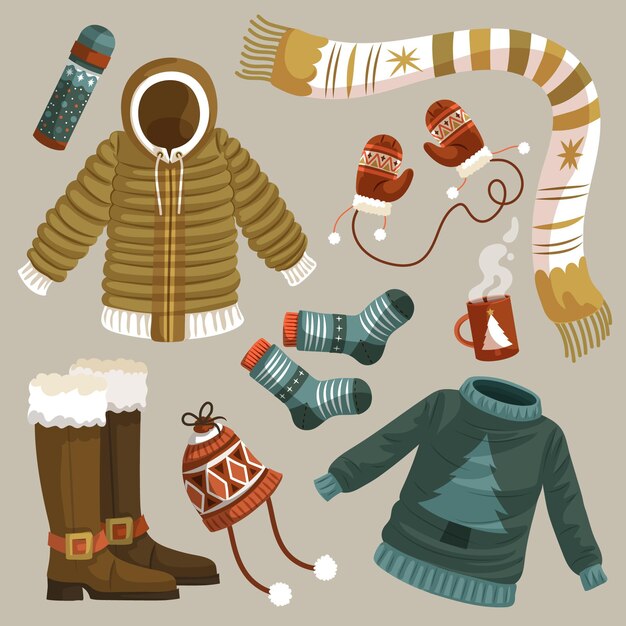 Lo esencial y ropa de invierno dibujada a mano.