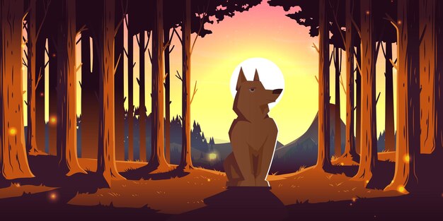 Lobo en el bosque, animal salvaje sentado en madera profunda con árboles alrededor y sol brillando sobre los picos de las montañas. Perro salvaje con pelaje marrón, lupus en el parque zoológico al aire libre, vida silvestre, ilustración vectorial de dibujos animados