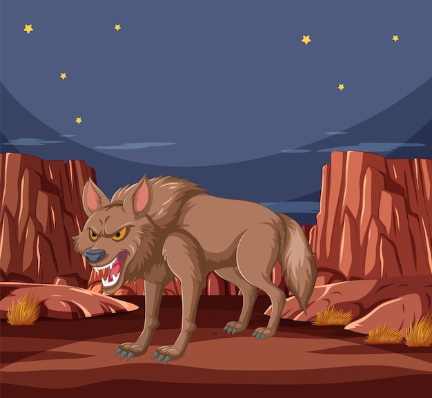 Un lobo feroz en una noche del desierto