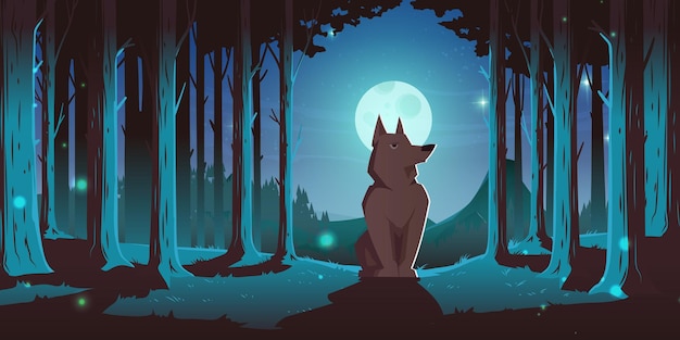 Vector gratuito lobo sentado en el bosque por la noche. ilustración de dibujos animados de vector de paisaje de verano con bosques de coníferas, pinos, montañas en el horizonte, animales salvajes y luna llena en el cielo