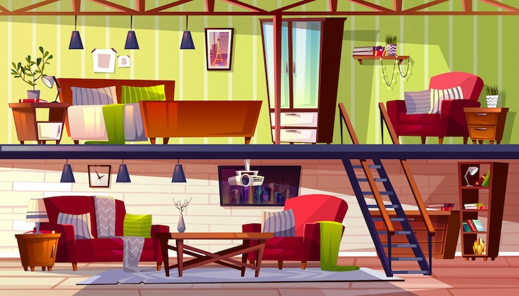 Vector gratuito loft salón o habitación interior de dos pisos, ilustración de dormitorio y gabinete.
