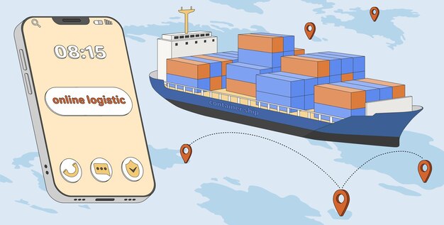 Logística inteligente con contenedores de buques de carga y un teléfono inteligente enorme