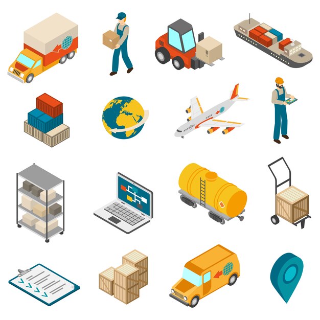 Logística de transporte símbolos isométricos iconos colección