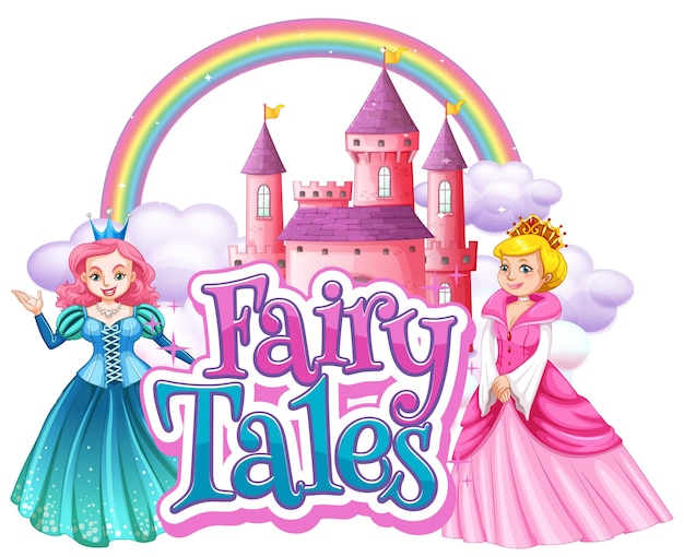 Logo de la palabra Fairy Tales con dos princesas en estilo de dibujos animados