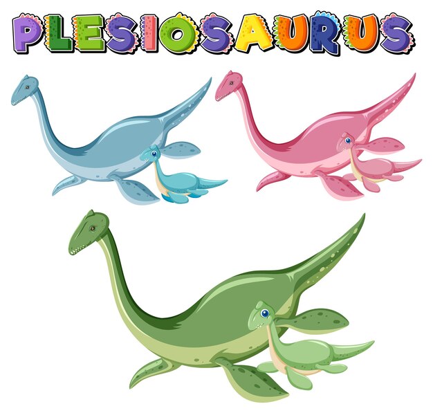 Logo de palabra de plesiosaurios con conjunto de dibujos animados de dinosaurios