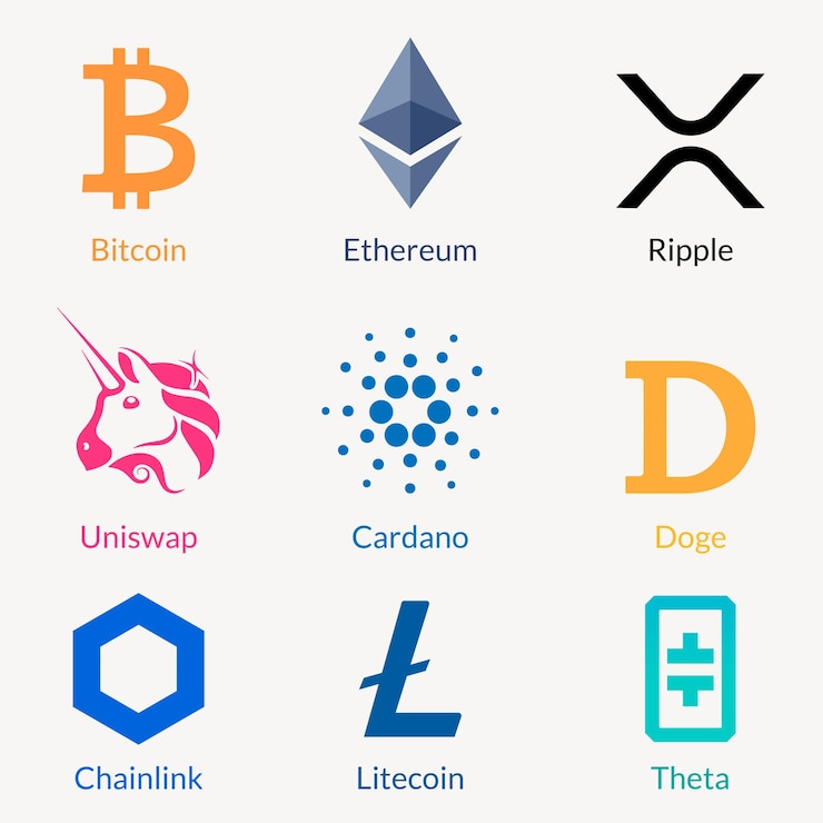 Vector gratuito logos de activos digitales vector conjunto de concepto de blockchain fintech