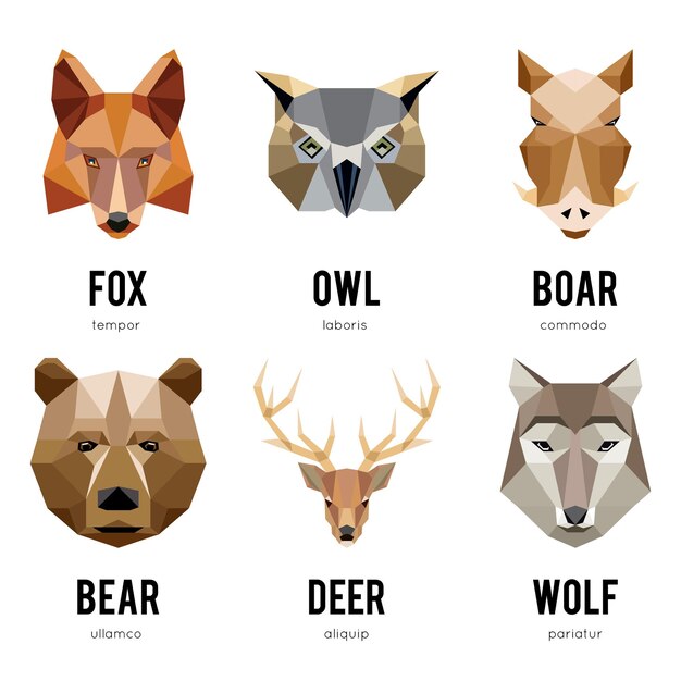 Logos de animales de polígono bajo. Conjunto de logotipo de animales geométricos triangulares.