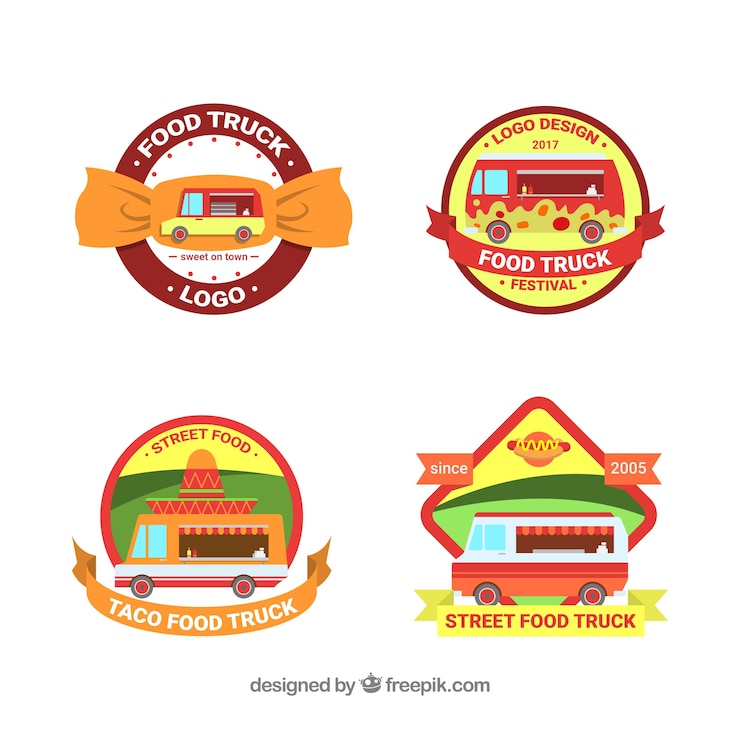 Vector gratuito logos de food truck planos con estilo divertido