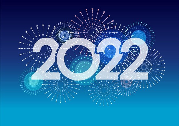 El logotipo del año 2022 y fuegos artificiales sobre un fondo azul ilustración vectorial