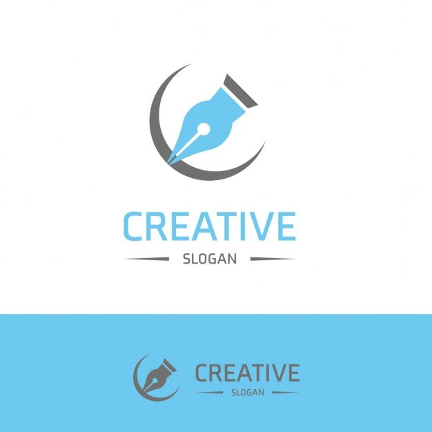 Logotipo azul con una pluma