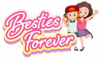 Vector gratuito logotipo de bestie forever con dos chicas abrazándose al estilo de las caricaturas