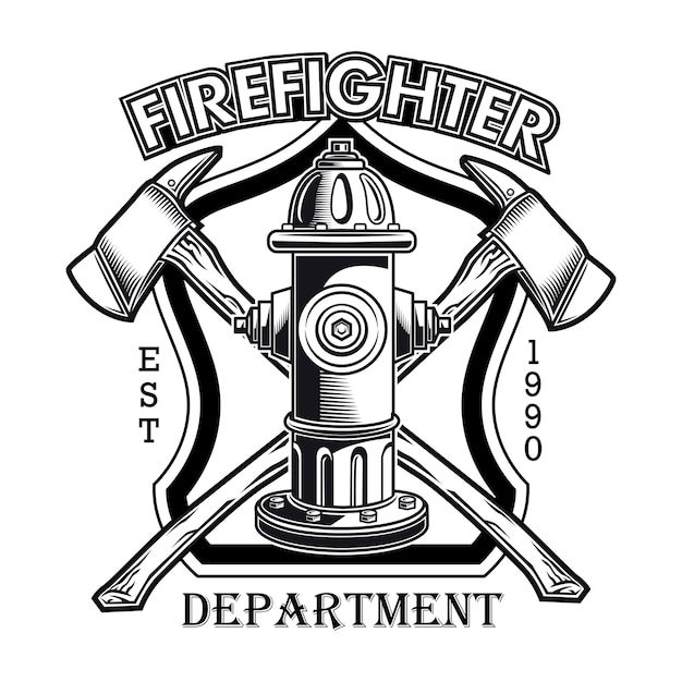 Logotipo de bombero con ilustración de vector de hidrante. Hachas cruzadas y texto del departamento de bomberos.