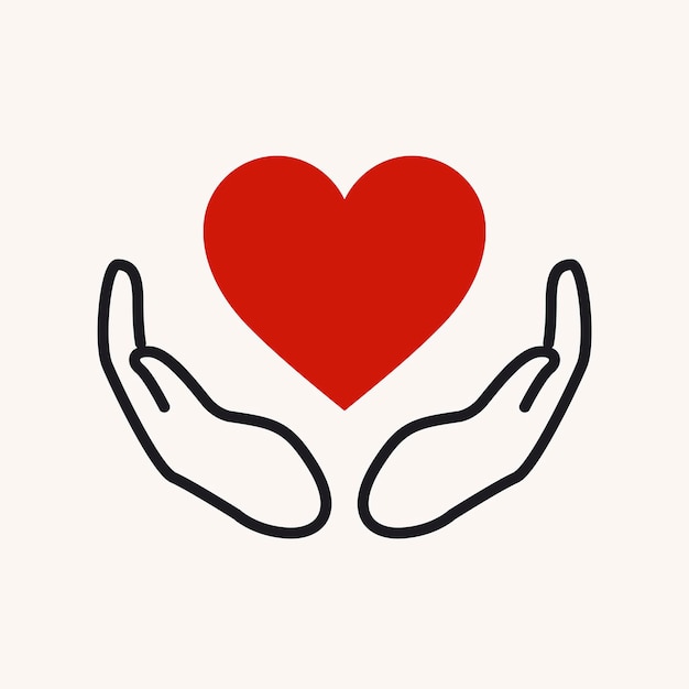 Logotipo de la caridad, manos apoyando la ilustración de vector de diseño plano de icono de corazón