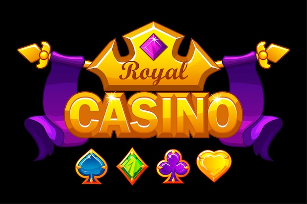 Vector gratuito logotipo de casino con corona de oro y tesoro. fondo de juego real con símbolos de tarjetas de juego de piedras preciosas.