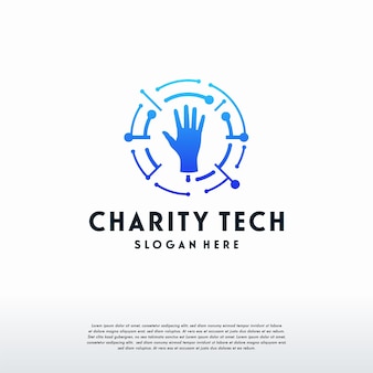 Logotipo de charity tech, plantilla de logotipo de mano y tecnología