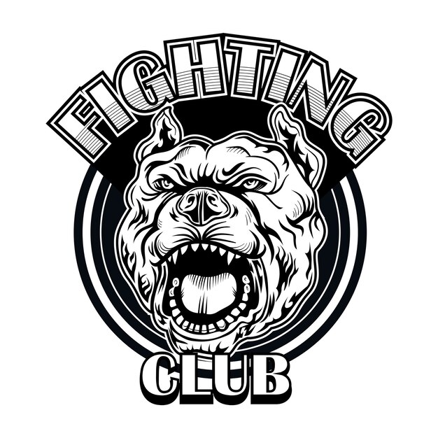 Logotipo del club de lucha con bulldog. Logotipo del club de boxeo y lucha con perro enojado. Ilustración de vector aislado