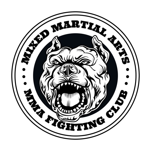 Logotipo del club de lucha con perro enojado. Logotipo del club de kickboxing y lucha con perro enojado. Ilustración de vector aislado
