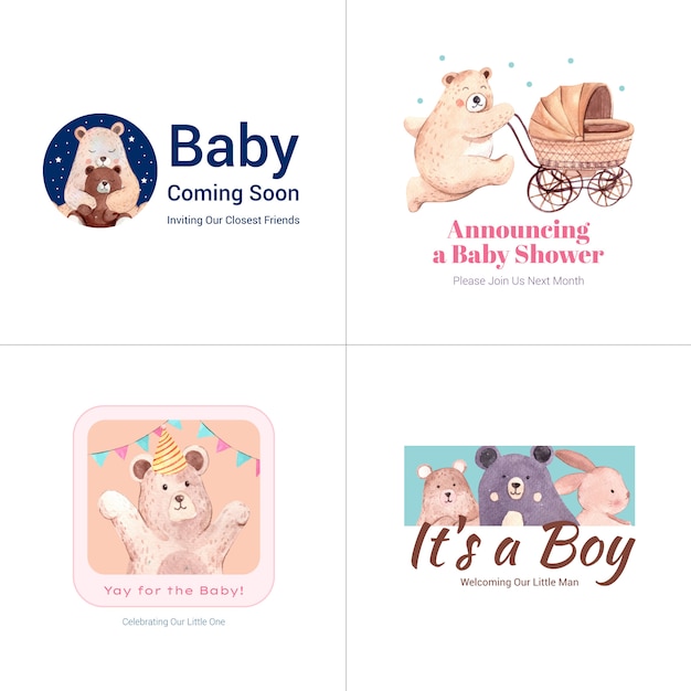 Vector gratuito logotipo con concepto de diseño de baby shower para marca y marketing ilustración vectorial acuarela.