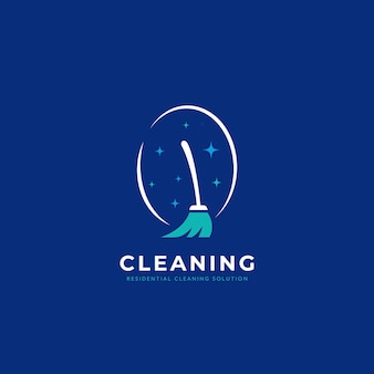 Logotipo de la criada doméstica del servicio de limpieza residencial con la ilustración del icono de la escoba del cepillo