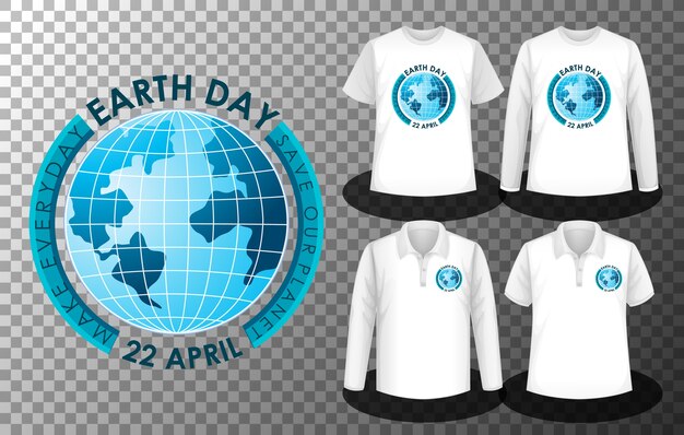 Logotipo del Día de la Tierra con un conjunto de camisetas diferentes con la pantalla del logotipo del Día de la Tierra en las camisas
