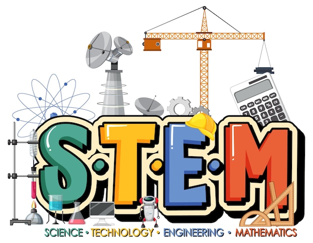 Logotipo de educación STEM con elementos de adorno de icono sobre fondo blanco