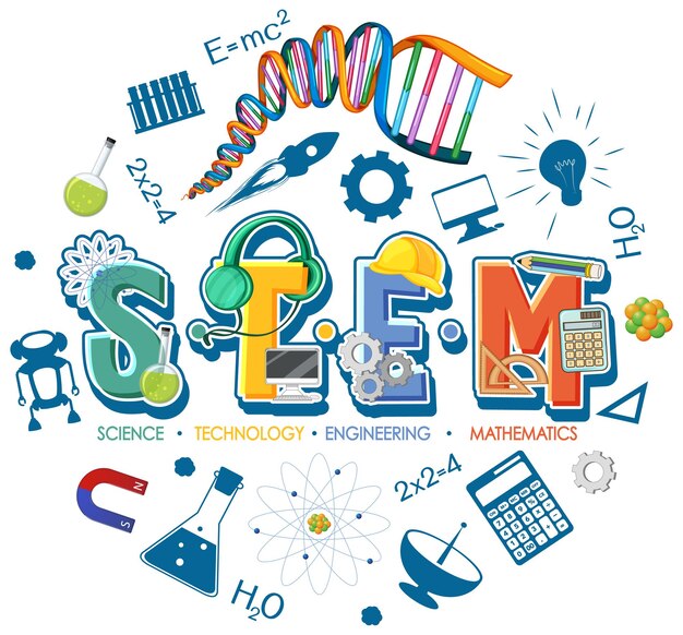 Logotipo de educación STEM con elementos de adorno de icono