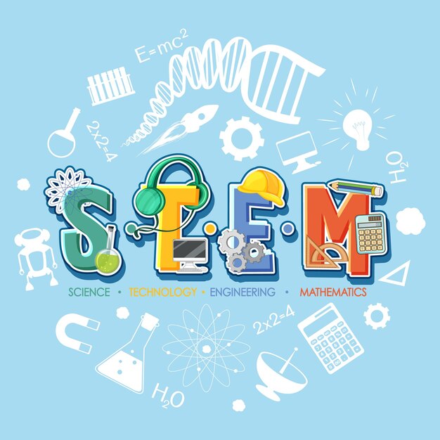 Logotipo de educación STEM con elementos de adorno de icono