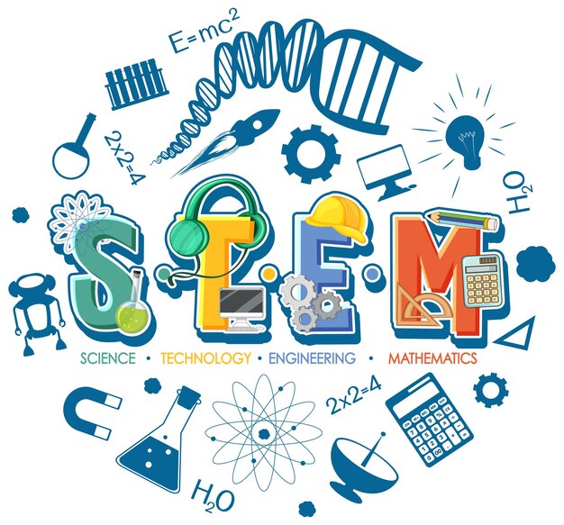 Logotipo de educación STEM con elementos de adorno de icono