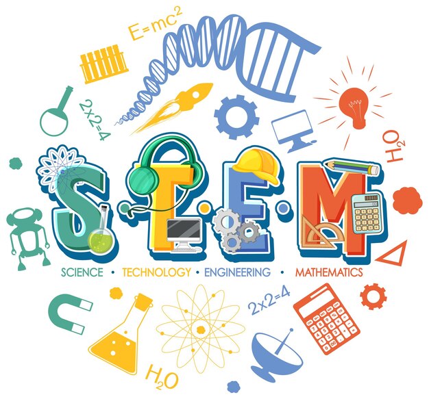 Logotipo de educación STEM con elementos de adorno de icono