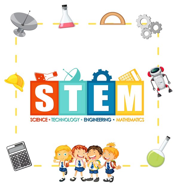 Logotipo de educación STEM con elementos de icono de educación y niños
