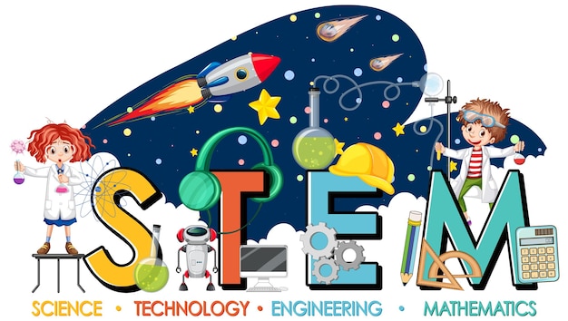 Vector gratuito logotipo de educación stem con niños científicos en tema de galaxias