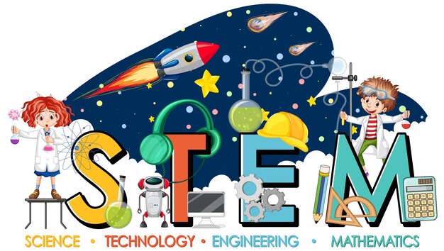 Logotipo de educación STEM con niños científicos en tema de galaxias