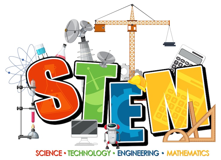 Vector gratuito logotipo de educación stem con objetos de ciencia y tecnología.