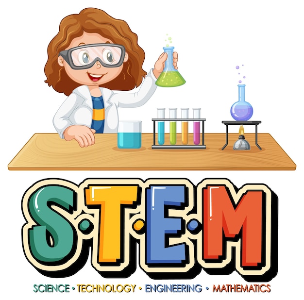 Logotipo de educación stem con personaje de dibujos animados científico