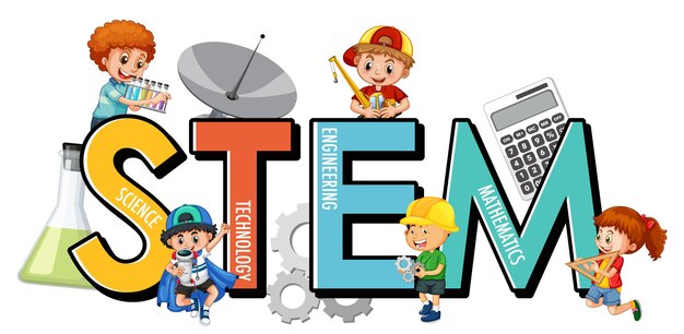 Logotipo de educación STEM con personaje de dibujos animados de muchos niños