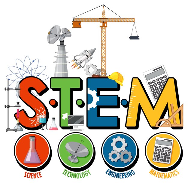 Logotipo de educación STEM con personaje de dibujos animados de niño científico