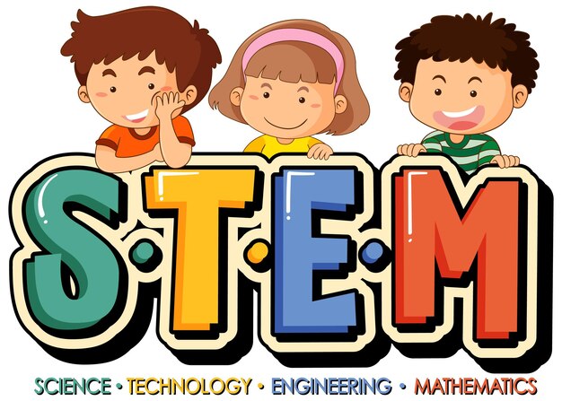 Logotipo de educación STEM con personaje de dibujos animados de niños pequeños