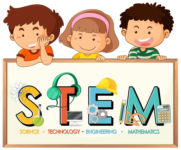 Logotipo de educación STEM con personaje de dibujos animados de niños pequeños