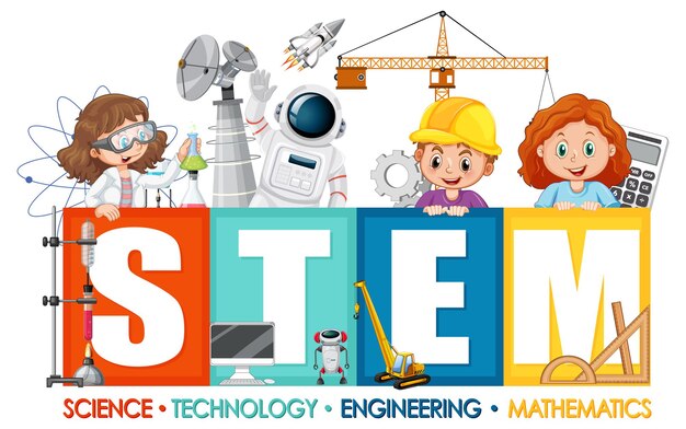 Logotipo de educación STEM con personaje de dibujos animados de niños